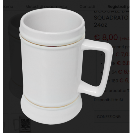 BOCCALE DA BIRRA BIANCO MANICO SQUADRATO CON BORDINO DORATO 24oz
